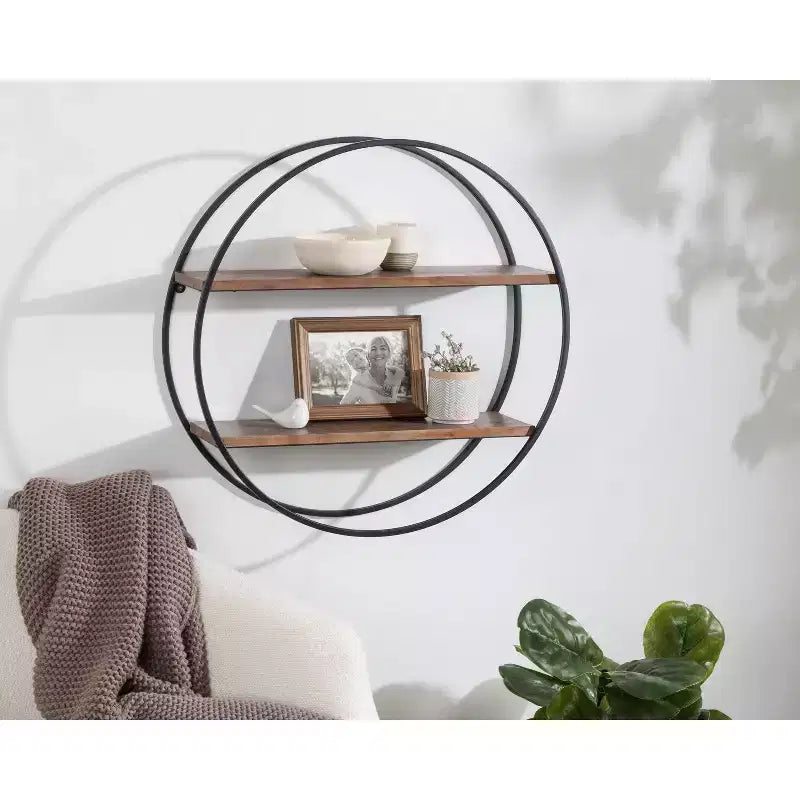 Étagère murale ronde 24 po en bois de séquoia et métal – Kate & Laurel All Things Decor