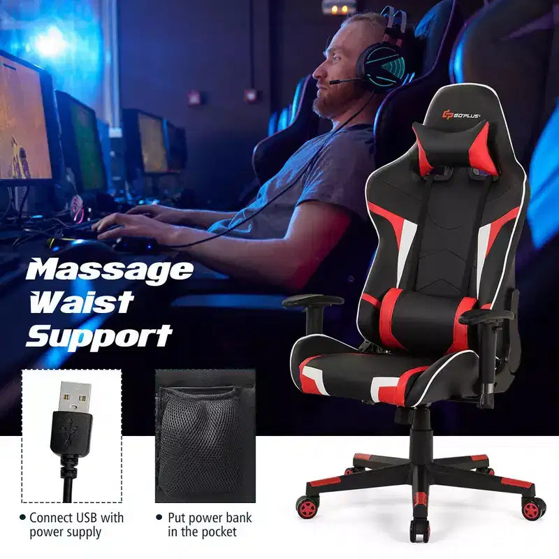 Chaise de Massage et de Gaming Inclinable et Pivotante Costway avec Soutien Lombaire Blanche\Bleue\Grise\Rouge