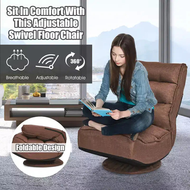 Costway Fauteuil de jeu en tissu, canapé paresseux pliant 5 positions, pivotant à 360 degrés, gris/noir/café