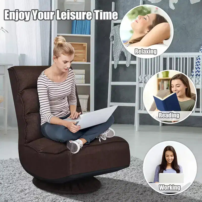 Costway Fauteuil de jeu en tissu, canapé paresseux pliant 5 positions, pivotant à 360 degrés, gris/noir/café