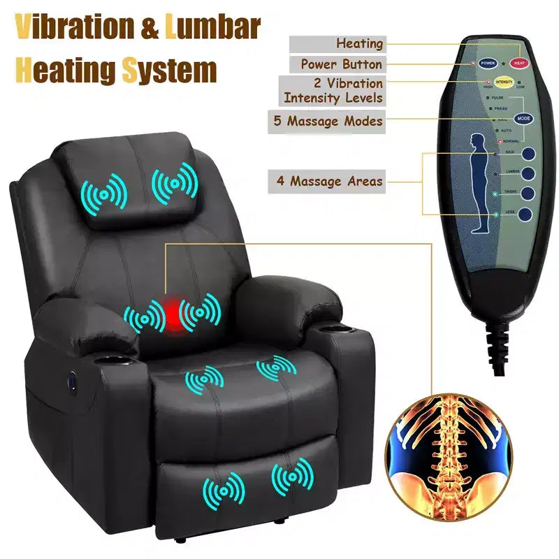 Fauteuil inclinable électrique Costway avec massage, en cuir, avec port de chargement USB, marron/noir