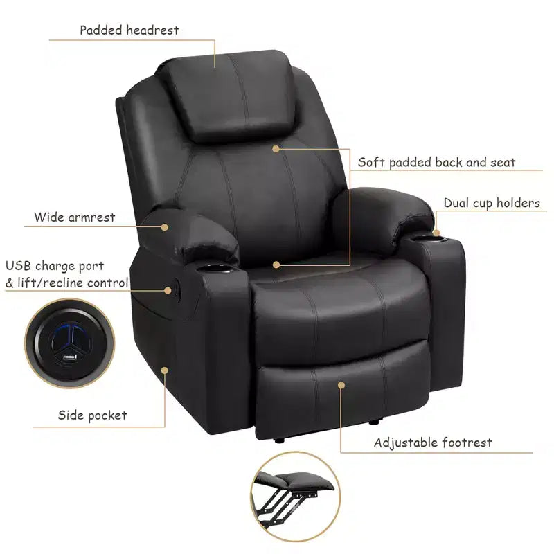 Fauteuil inclinable électrique Costway avec massage, en cuir, avec port de chargement USB, marron/noir