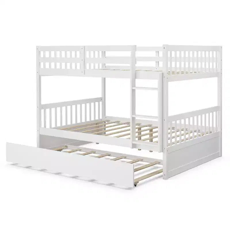 Lit superposé Costway Double sur Double avec lit gigogne et échelle en bois, couleur marron/blanc