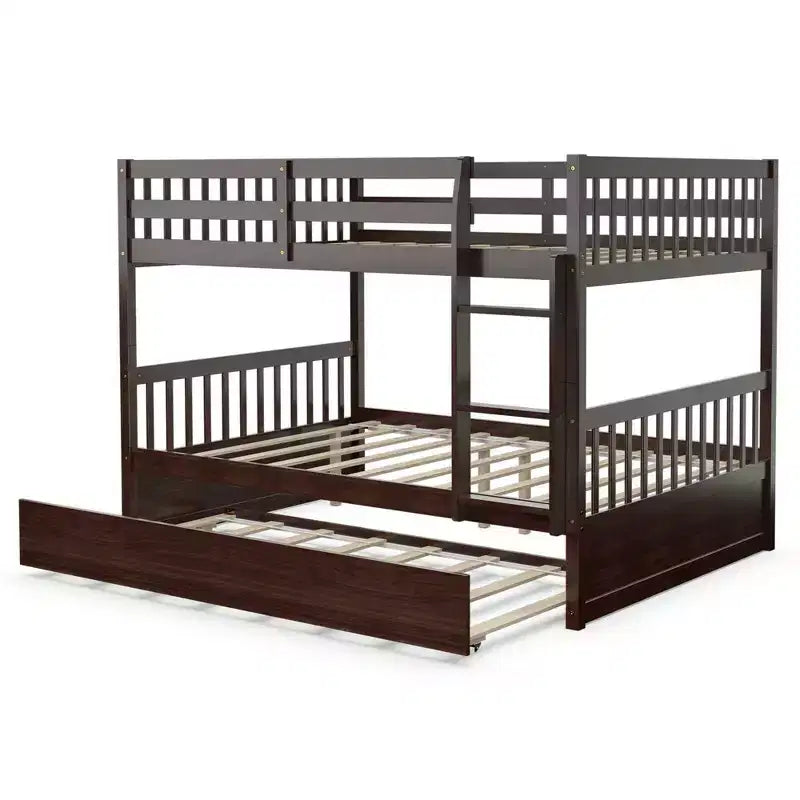 Lit superposé Costway Double sur Double avec lit gigogne et échelle en bois, couleur marron/blanc