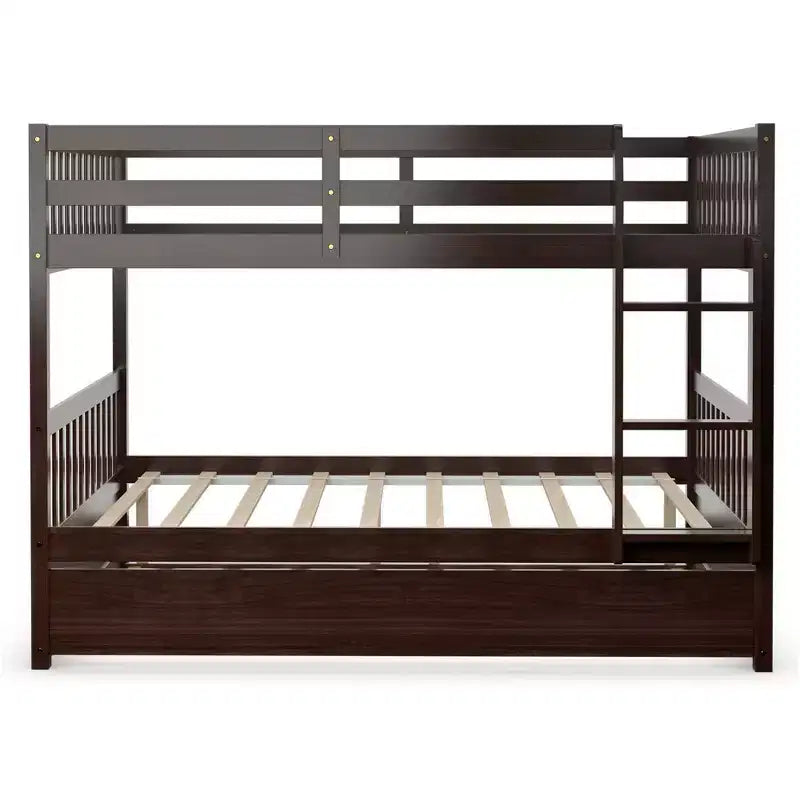 Lit superposé Costway Double sur Double avec lit gigogne et échelle en bois, couleur marron/blanc