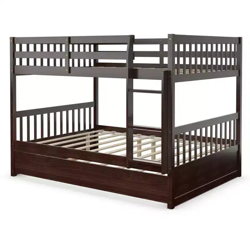 Lit superposé Costway Double sur Double avec lit gigogne et échelle en bois, couleur marron/blanc