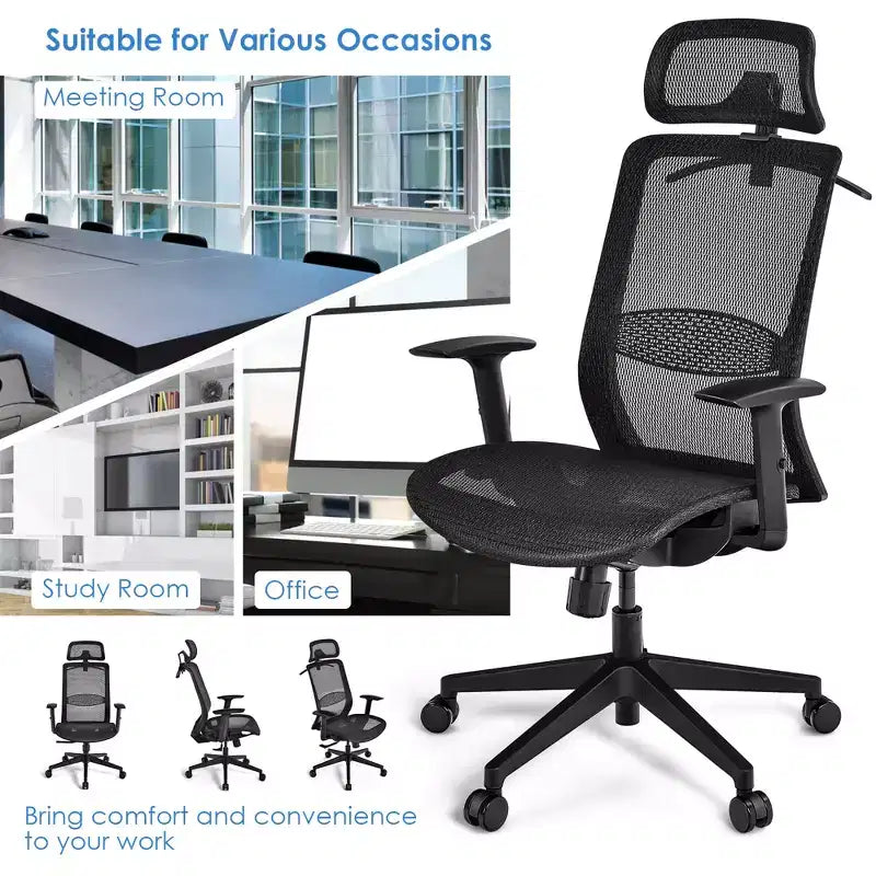 Costway Chaise de Bureau Ergonomique Inclinable Dossier Haut en Maille avec Cintre Gris/Noir
