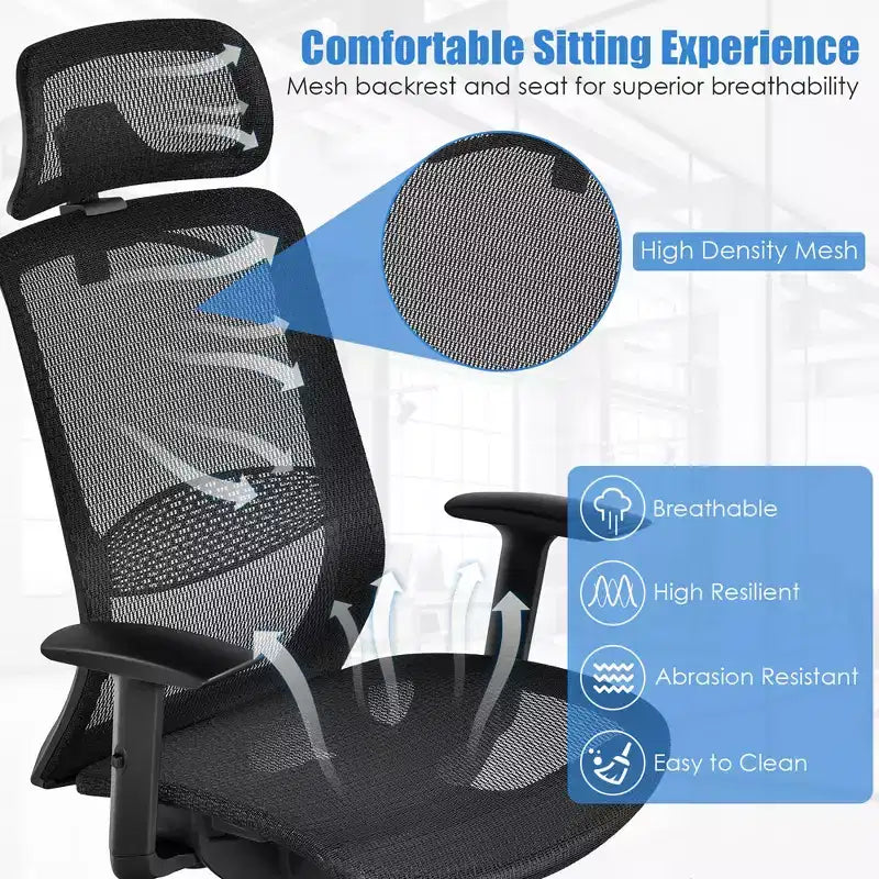 Costway Chaise de Bureau Ergonomique Inclinable Dossier Haut en Maille avec Cintre Gris/Noir