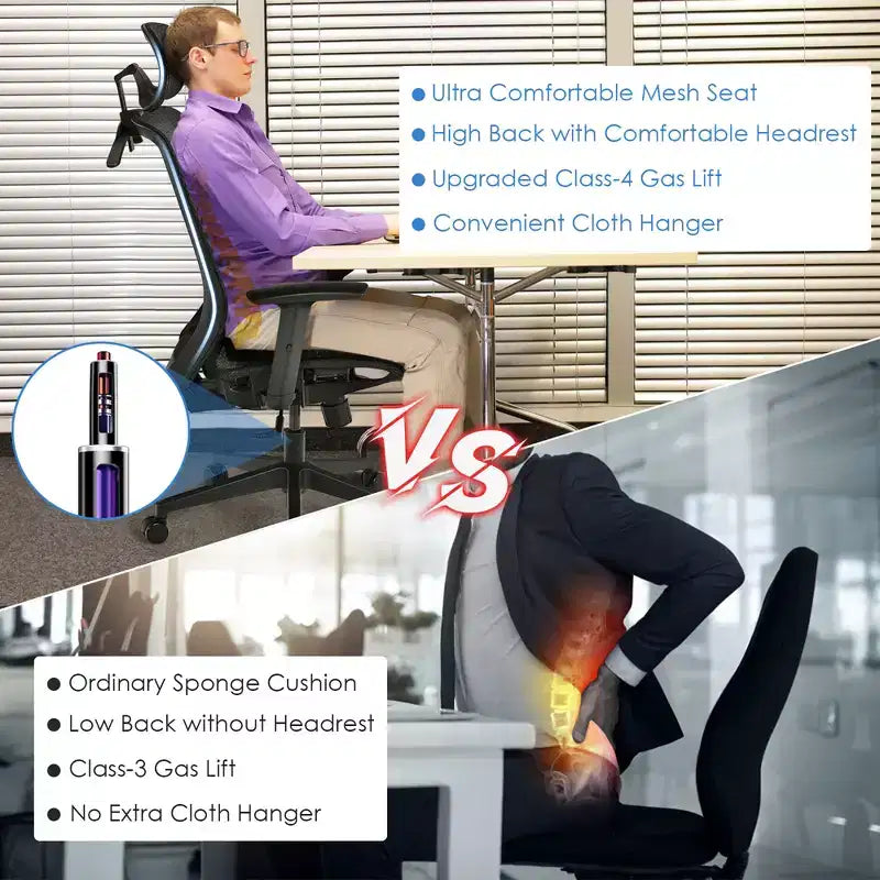 Costway Chaise de Bureau Ergonomique Inclinable Dossier Haut en Maille avec Cintre Gris/Noir