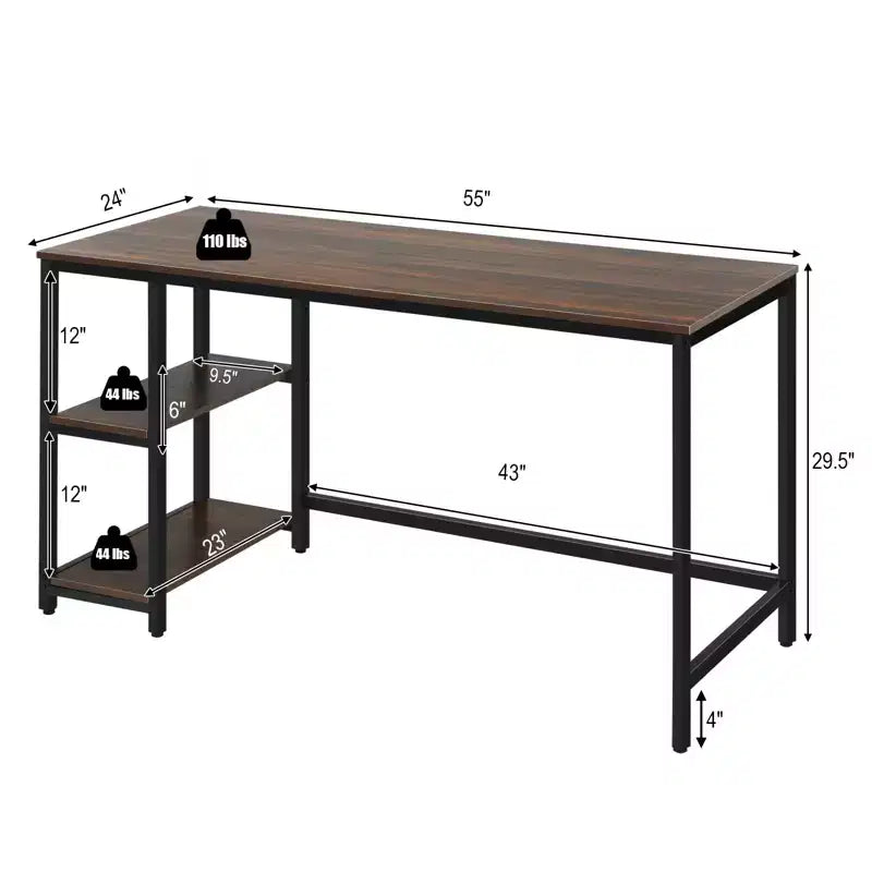 Bureau informatique Costway 55'' Table d'étude Poste de travail Maison avec étagère réglable Noir/Café/Marron