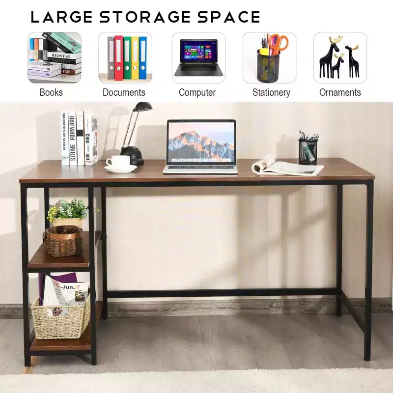 Bureau informatique Costway 55'' Table d'étude Poste de travail Maison avec étagère réglable Noir/Café/Marron
