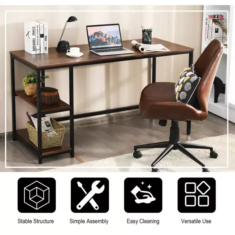 Bureau informatique Costway 55'' Table d'étude Poste de travail Maison avec étagère réglable Noir/Café/Marron