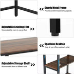 Bureau informatique Costway 55'' Table d'étude Poste de travail Maison avec étagère réglable Noir/Café/Marron