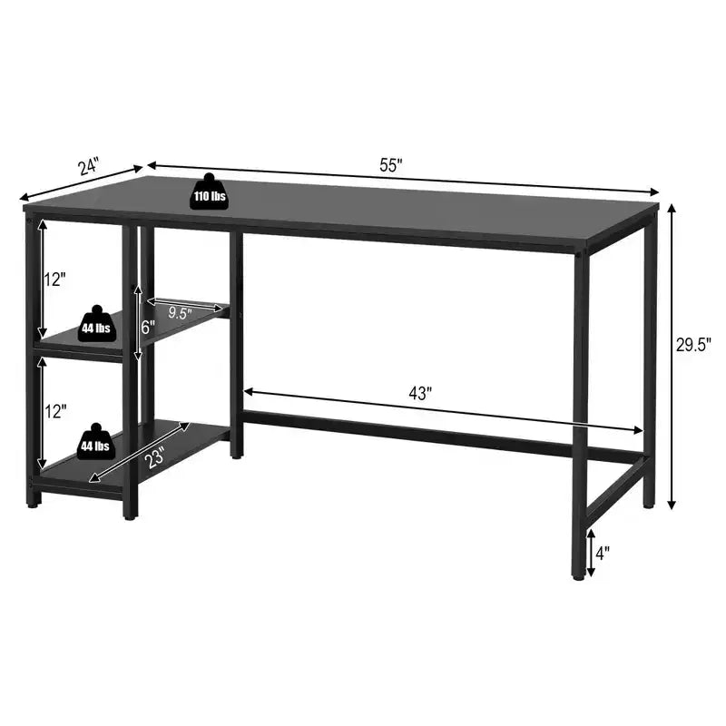 Bureau informatique Costway 55'' Table d'étude Poste de travail Maison avec étagère réglable Noir/Café/Marron