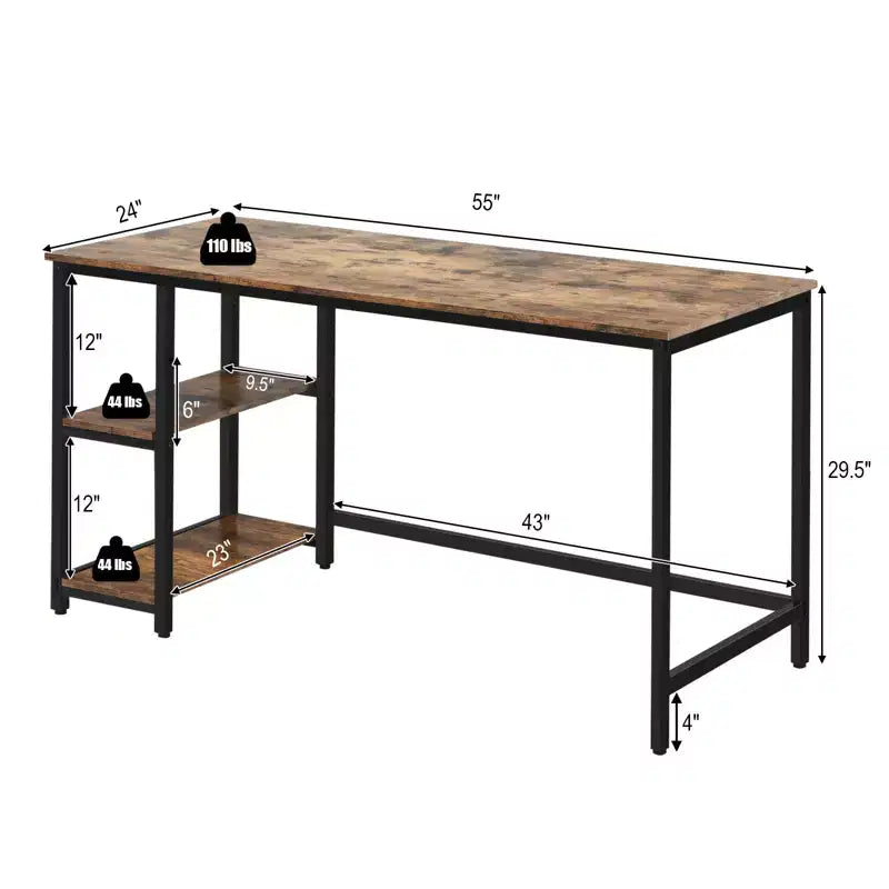 Bureau informatique Costway 55'' Table d'étude Poste de travail Maison avec étagère réglable Noir/Café/Marron