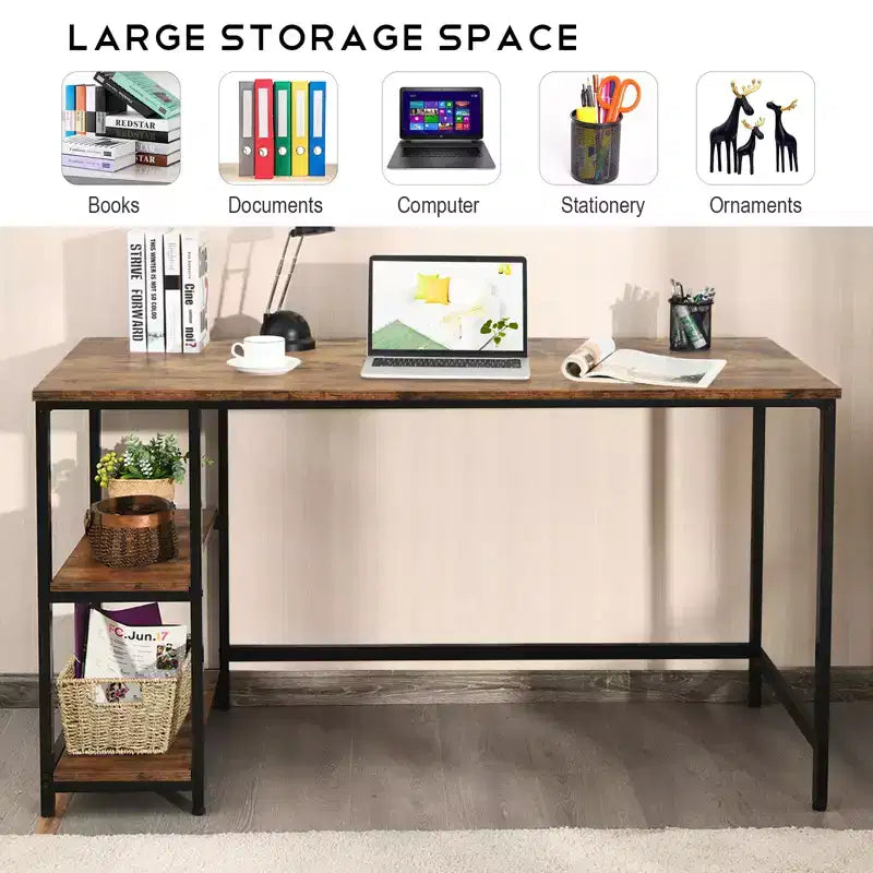 Bureau informatique Costway 55'' Table d'étude Poste de travail Maison avec étagère réglable Noir/Café/Marron