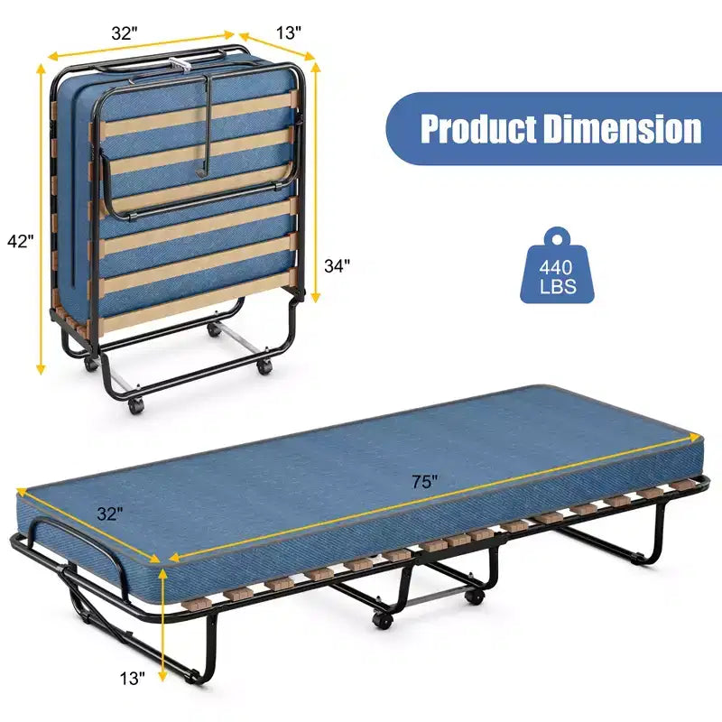 Lit pliant portatif Costway avec matelas, lit d'appoint fabriqué en Italie, bleu marine/beige
