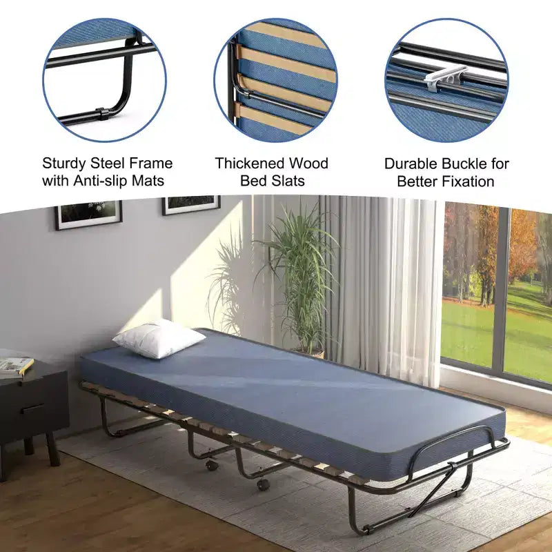 Lit pliant portatif Costway avec matelas, lit d'appoint fabriqué en Italie, bleu marine/beige