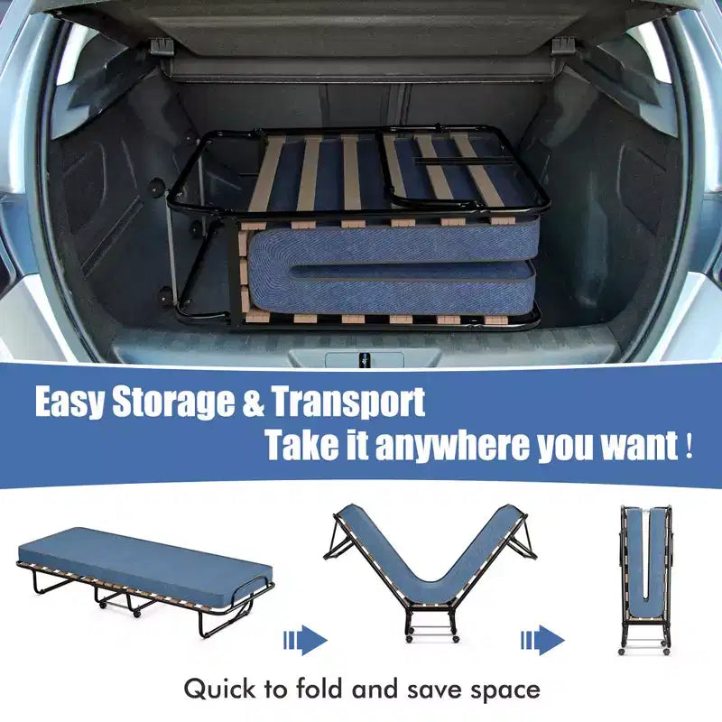 Lit pliant portatif Costway avec matelas, lit d'appoint fabriqué en Italie, bleu marine/beige