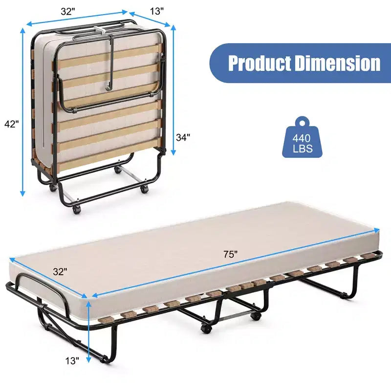 Lit pliant portatif Costway avec matelas, lit d'appoint fabriqué en Italie, bleu marine/beige