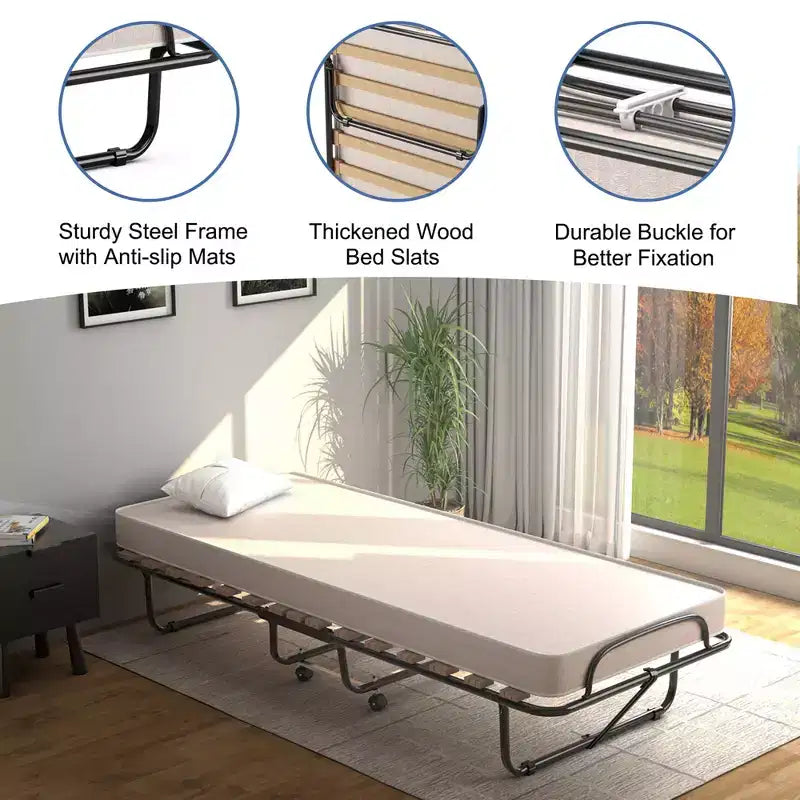Lit pliant portatif Costway avec matelas, lit d'appoint fabriqué en Italie, bleu marine/beige