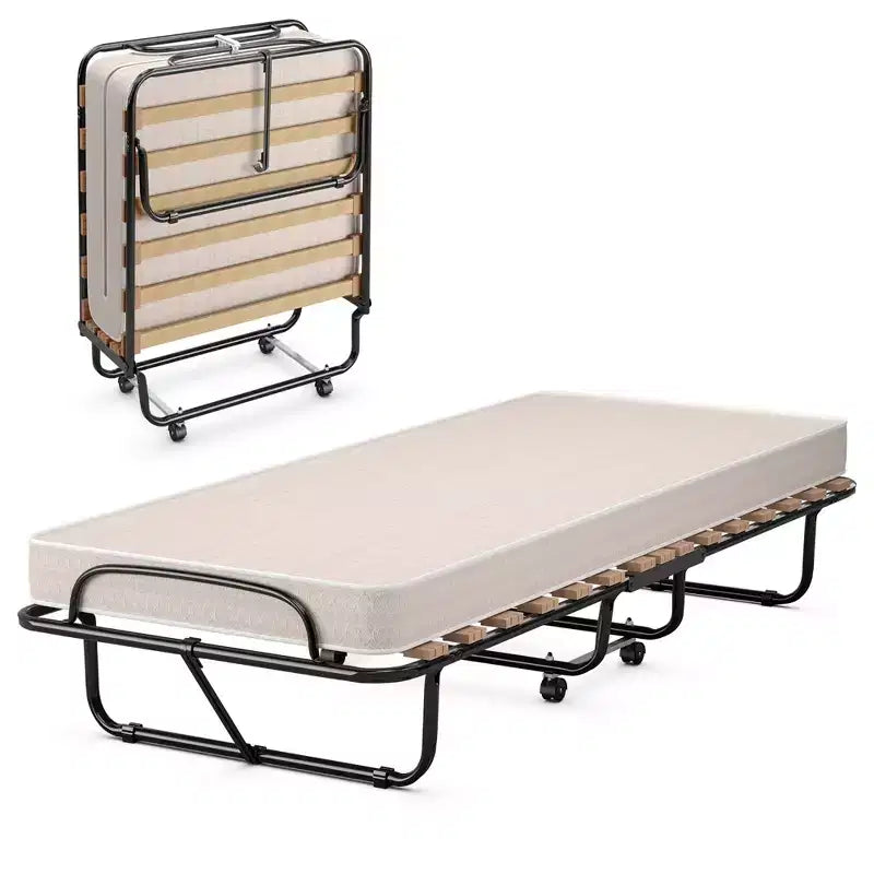 Lit pliant portatif Costway avec matelas, lit d'appoint fabriqué en Italie, bleu marine/beige