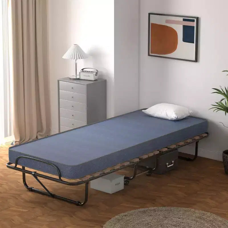 Lit pliant portatif Costway avec matelas, lit d'appoint fabriqué en Italie, bleu marine/beige