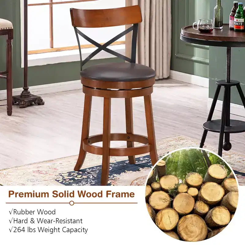 Costway Lot de 4 Tabourets de Bar Pivotants de 63,5 cm Chaises de Bar à Manger avec Pieds en Bois d'Hévéa