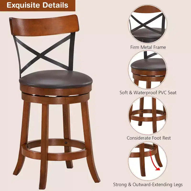 Costway Lot de 4 Tabourets de Bar Pivotants de 63,5 cm Chaises de Bar à Manger avec Pieds en Bois d'Hévéa