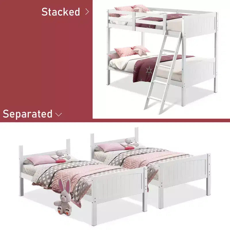 Costway Lits superposés en bois jumeaux convertibles en 2 lits jumeaux individuels Blanc
