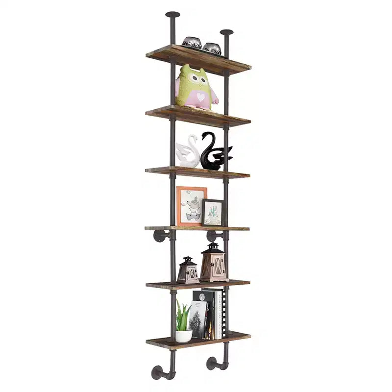 Costway 6-Shelf Rustic Pipe Shelving Unit, Vintage Industrial Pipe Wall Shelf Brown