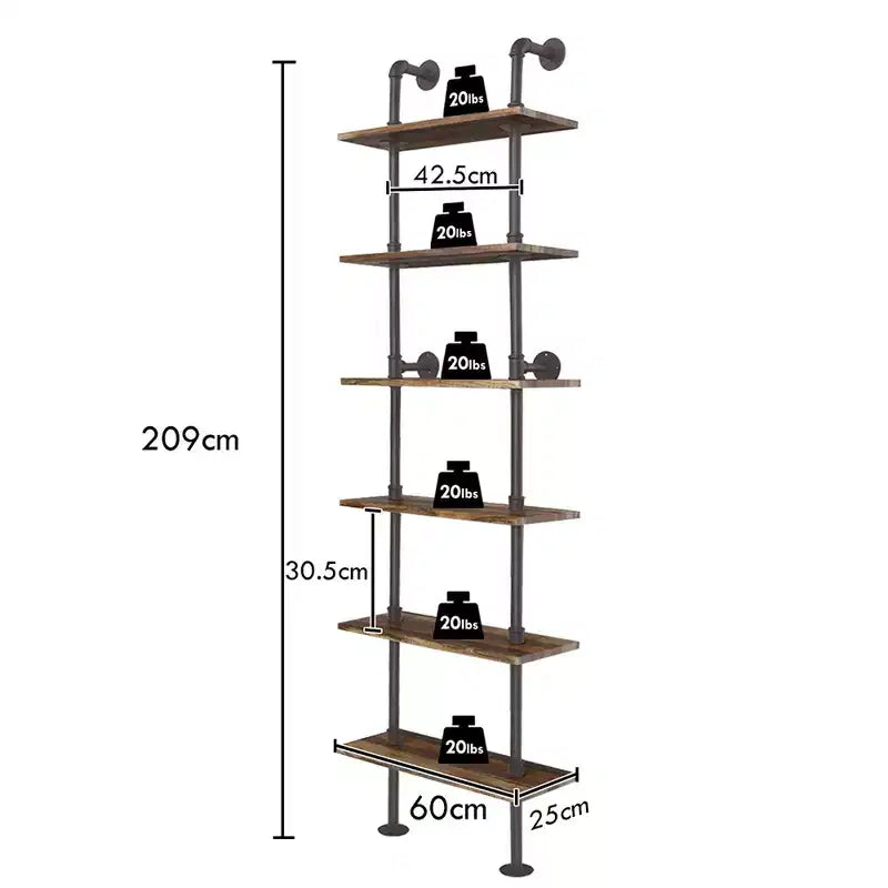 Étagère murale en tuyaux de style rustique Costway à 6 niveaux, étagère murale industrielle vintage marron