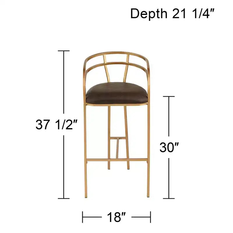55 Downing Street Tabouret de bar en métal doré Tanner de 76,2 cm de haut, moderne, coussin en tissu capitonné marron avec dossier bas et repose-pieds pour comptoir de cuisine