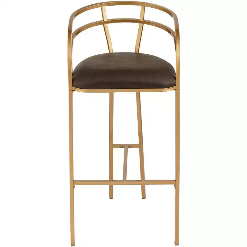 55 Downing Street Tabouret de bar en métal doré Tanner de 76,2 cm de haut, moderne, coussin en tissu capitonné marron avec dossier bas et repose-pieds pour comptoir de cuisine