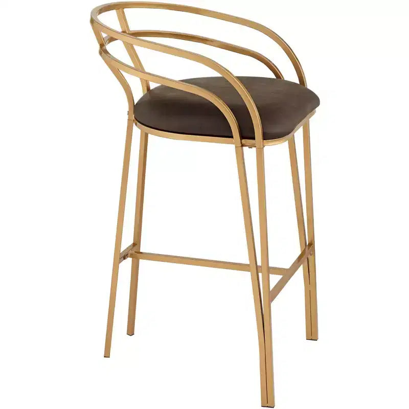 55 Downing Street Tabouret de bar en métal doré Tanner de 76,2 cm de haut, moderne, coussin en tissu capitonné marron avec dossier bas et repose-pieds pour comptoir de cuisine