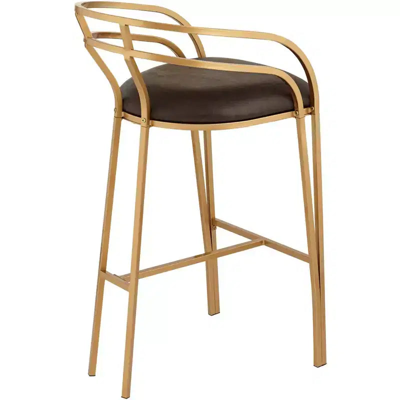 55 Downing Street Tabouret de bar en métal doré Tanner de 76,2 cm de haut, moderne, coussin en tissu capitonné marron avec dossier bas et repose-pieds pour comptoir de cuisine