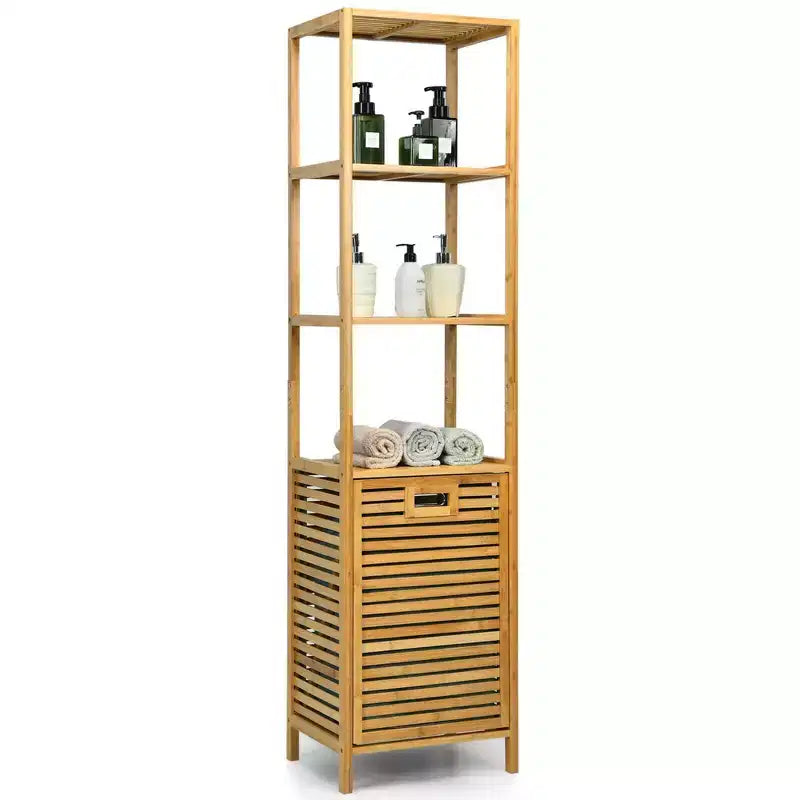 Costway Bathroom Tilt-out Laundry Hamper Bamboo Tower Hamper w/3-Tier Shelves