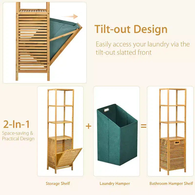 Panier à linge inclinable de salle de bain Costway, panier tour en bambou avec étagères à 3 niveaux