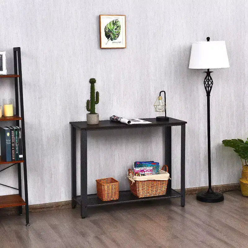 Console Sofa Table Costway avec étagère de rangement, cadre en métal, table d'entrée effet bois, noir argenté
