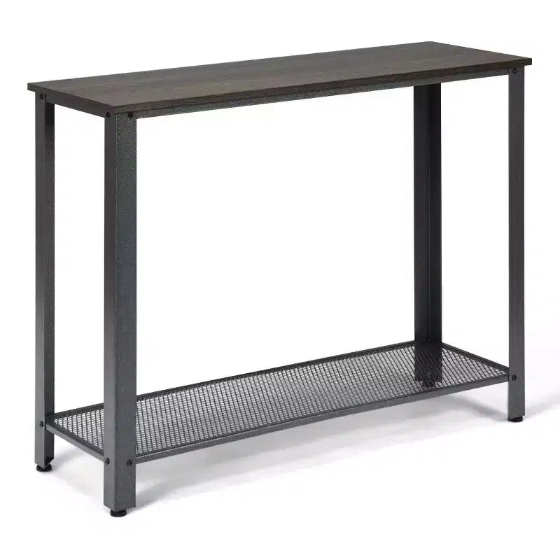 Console Sofa Table Costway avec étagère de rangement, cadre en métal, table d'entrée effet bois, noir argenté