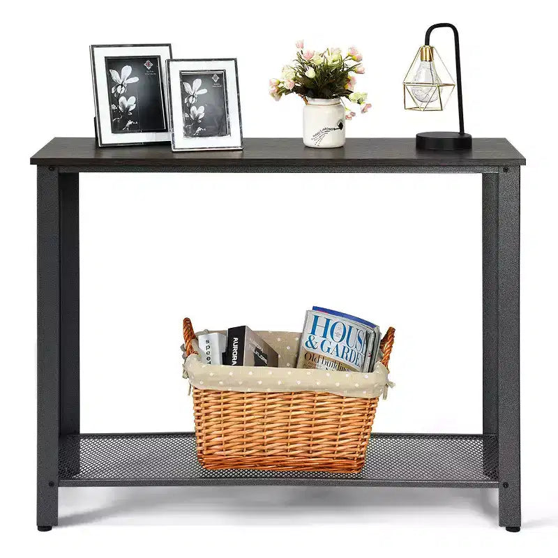 Console Sofa Table Costway avec étagère de rangement, cadre en métal, table d'entrée effet bois, noir argenté