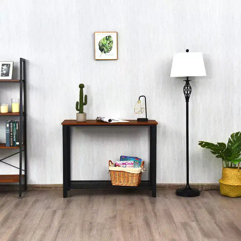 Console Sofa Table Costway avec étagère de rangement, cadre en métal, table d'entrée effet bois, noir argenté