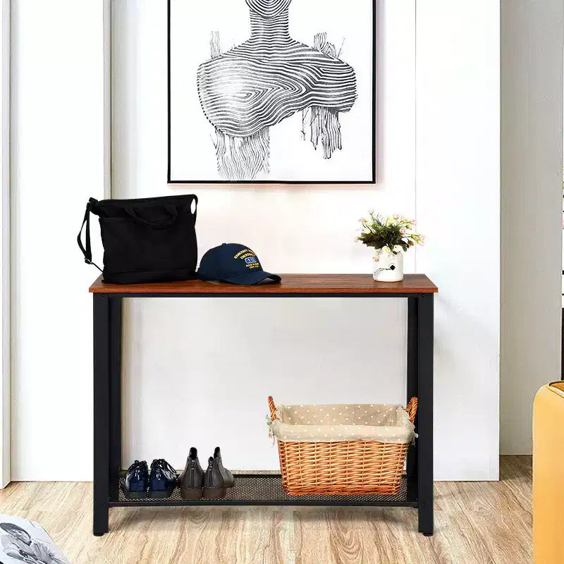 Console Sofa Table Costway avec étagère de rangement, cadre en métal, table d'entrée effet bois, noir argenté