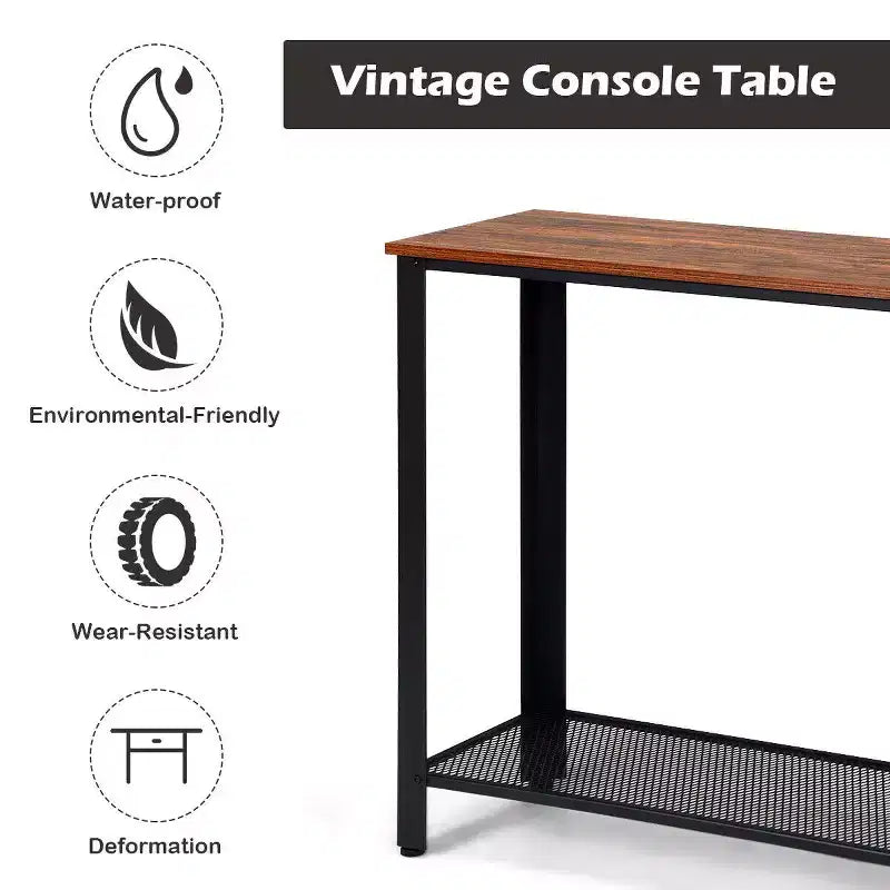 Console Sofa Table Costway avec étagère de rangement, cadre en métal, table d'entrée effet bois, noir argenté