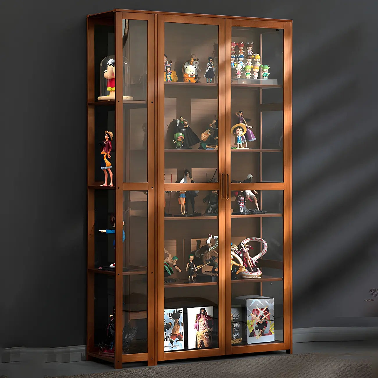 Vitrine de présentation ouverte en bambou et verre, 7 étagères, couleur beige