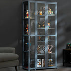 Vitrine de présentation ouverte en bambou et verre, 7 étagères, couleur beige