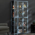 Vitrine de présentation ouverte en bambou et verre, 7 étagères, couleur beige