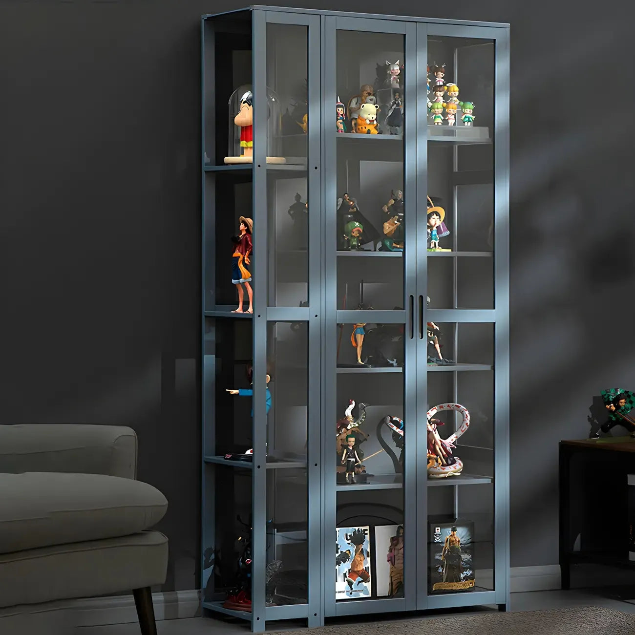 Vitrine de présentation ouverte en bambou et verre, 7 étagères, couleur beige