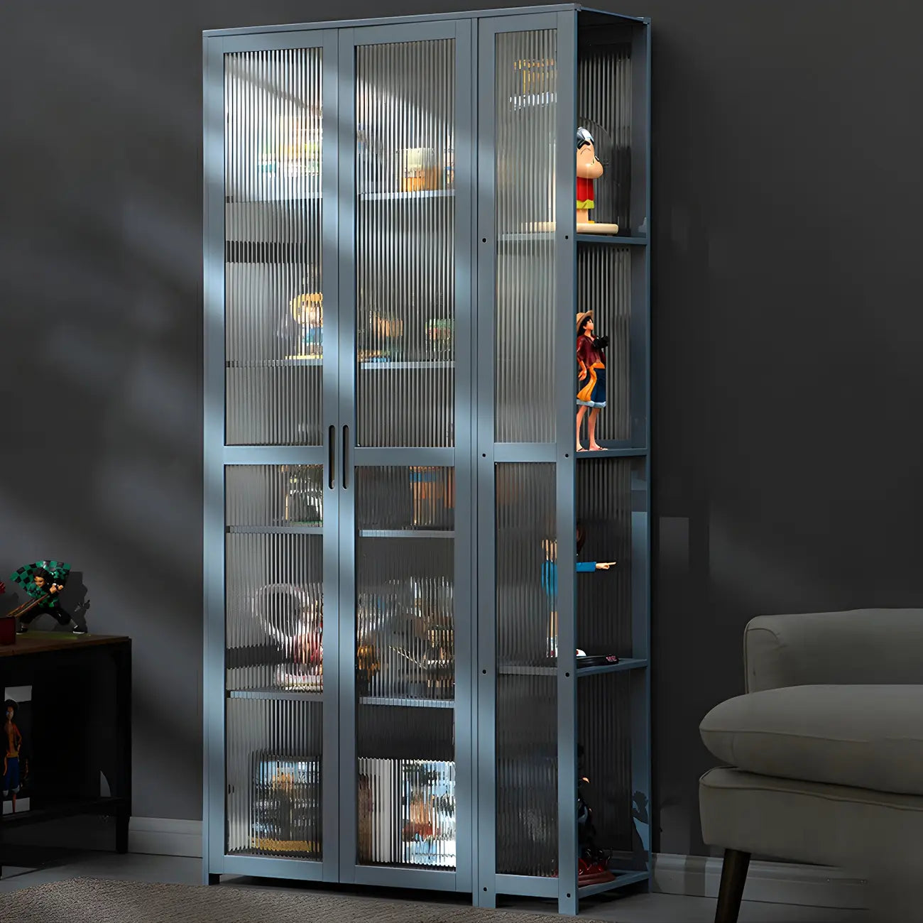 Vitrine de présentation ouverte en bambou et verre, 7 étagères, couleur beige