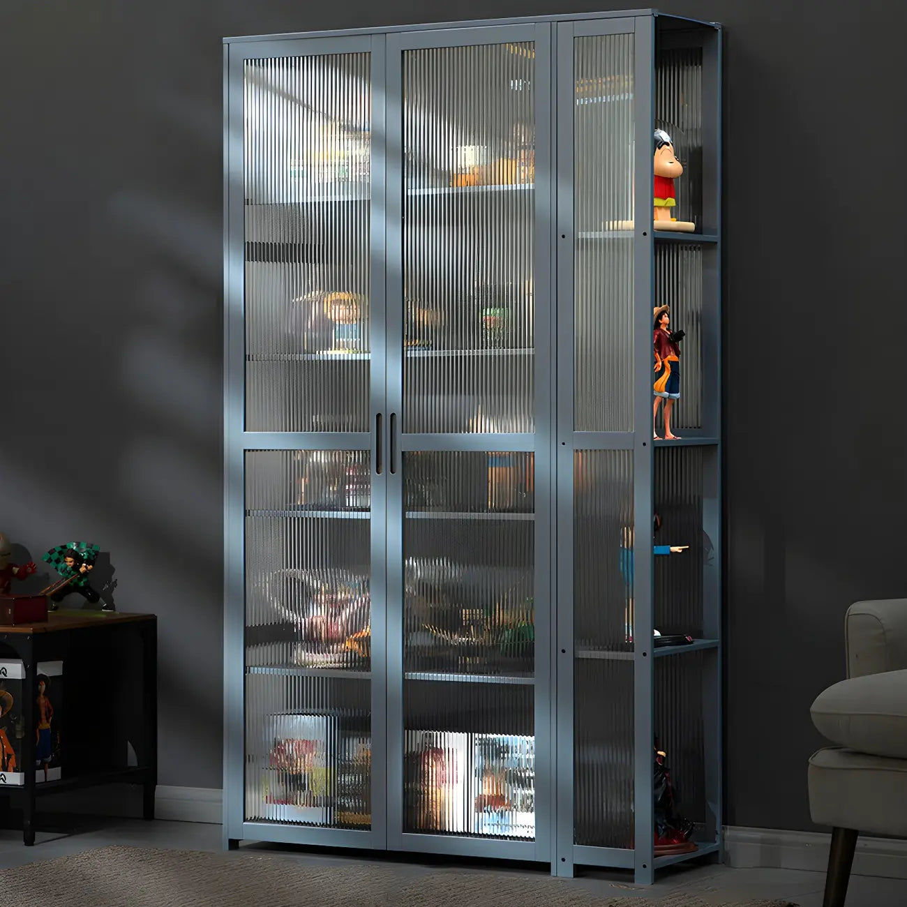 Vitrine de présentation ouverte en bambou et verre, 7 étagères, couleur beige